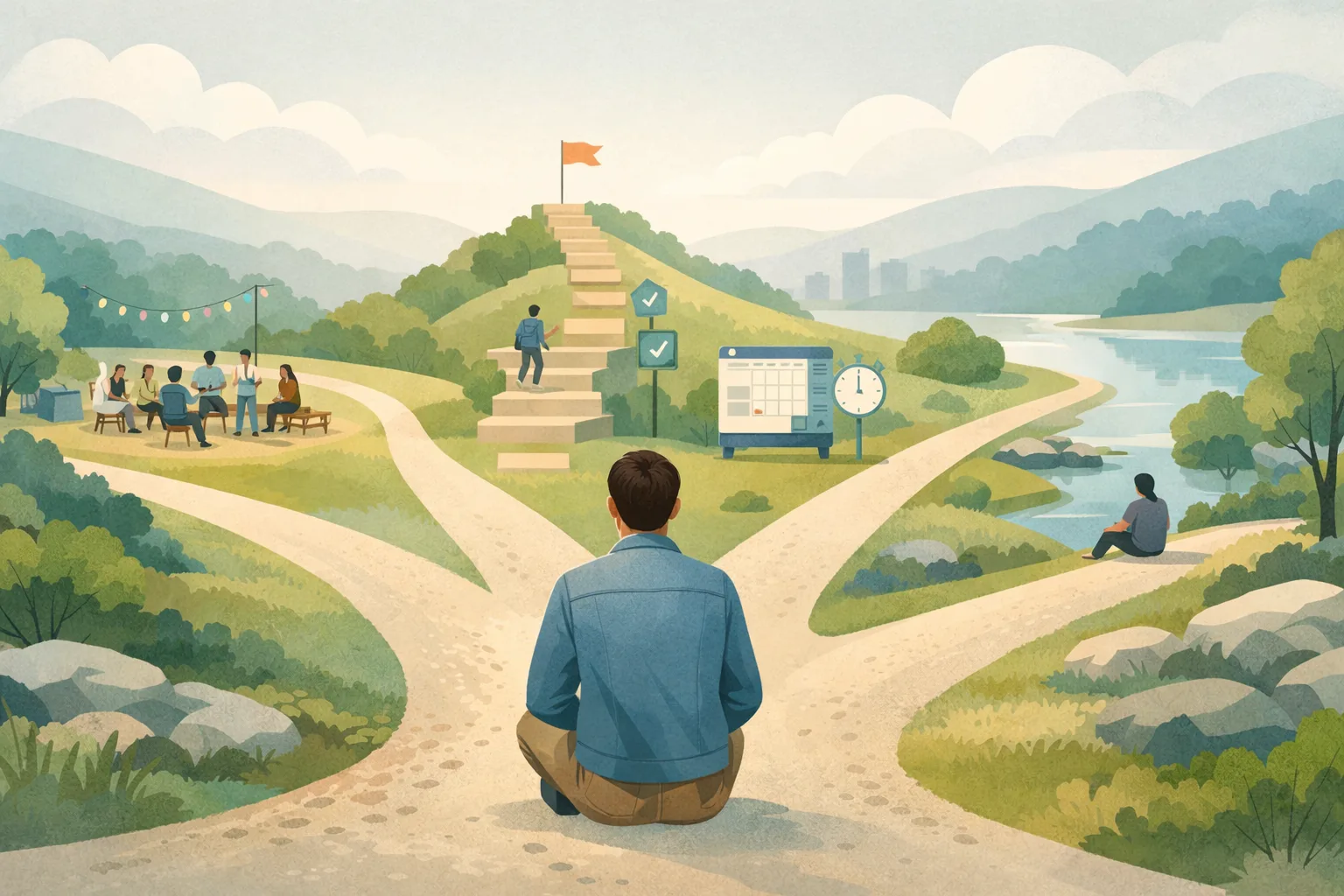 A person choosing between several different paths for habit change, representing a calm comparison between behavior-change apps.