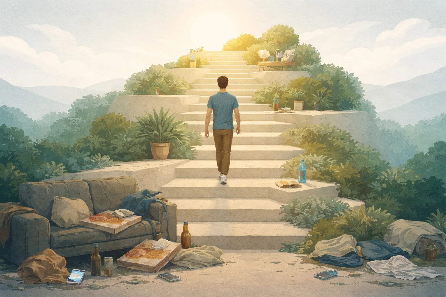 A person moving upward through calmer, more stable layers of life, representing how deeper needs and emotional safety affect habits and self-care.