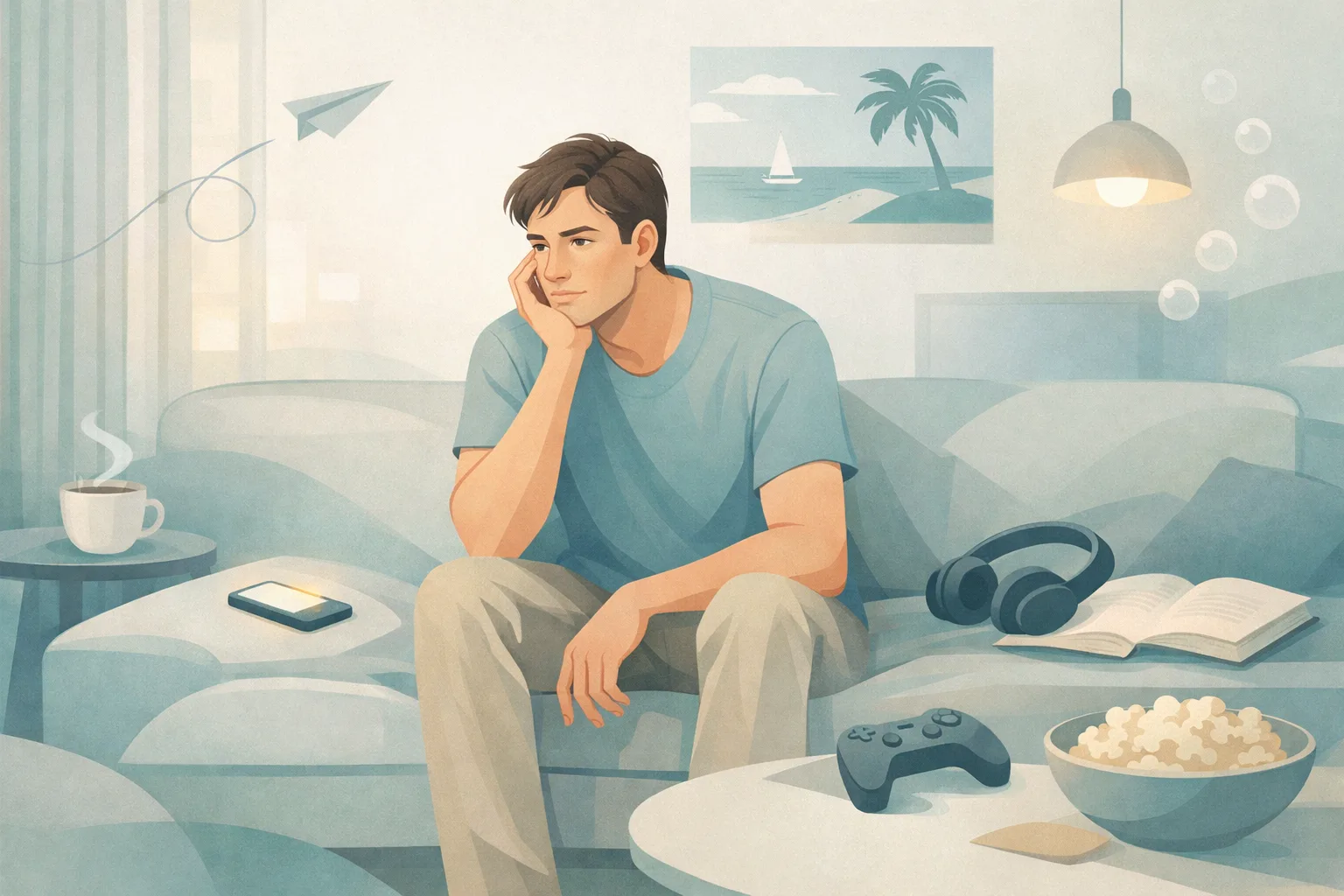 A person in a calm but restless environment, subtly drawn toward easy distraction and stimulation.