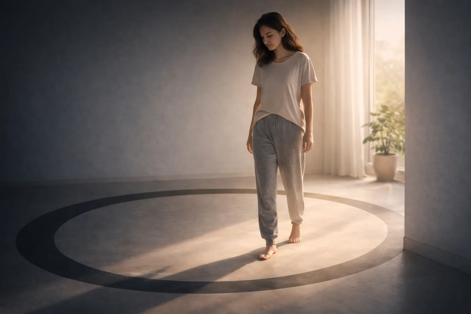 A person stepping out of a shadowed loop into soft natural light, representing compassionate change.