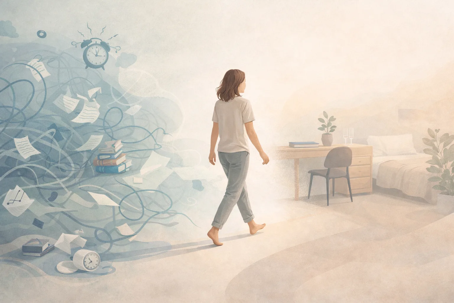 A person moving from a scattered unstable environment into a calmer more ordered and breathable one.