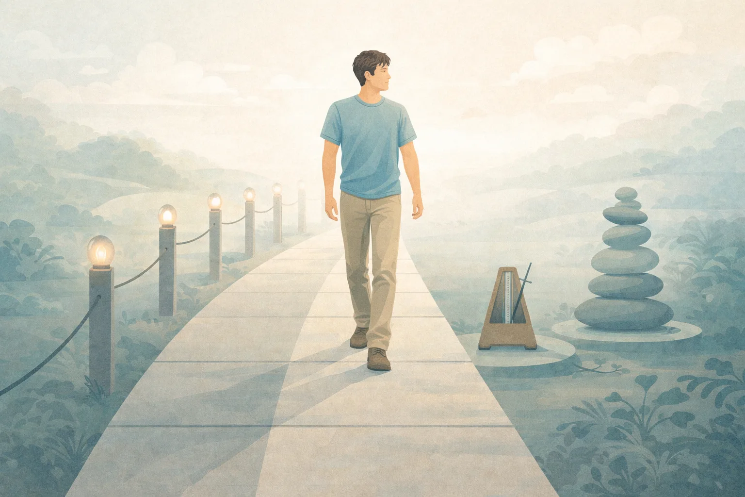 A person walking a steady path with subtle cues of structure, restraint, and grounded self-respect.