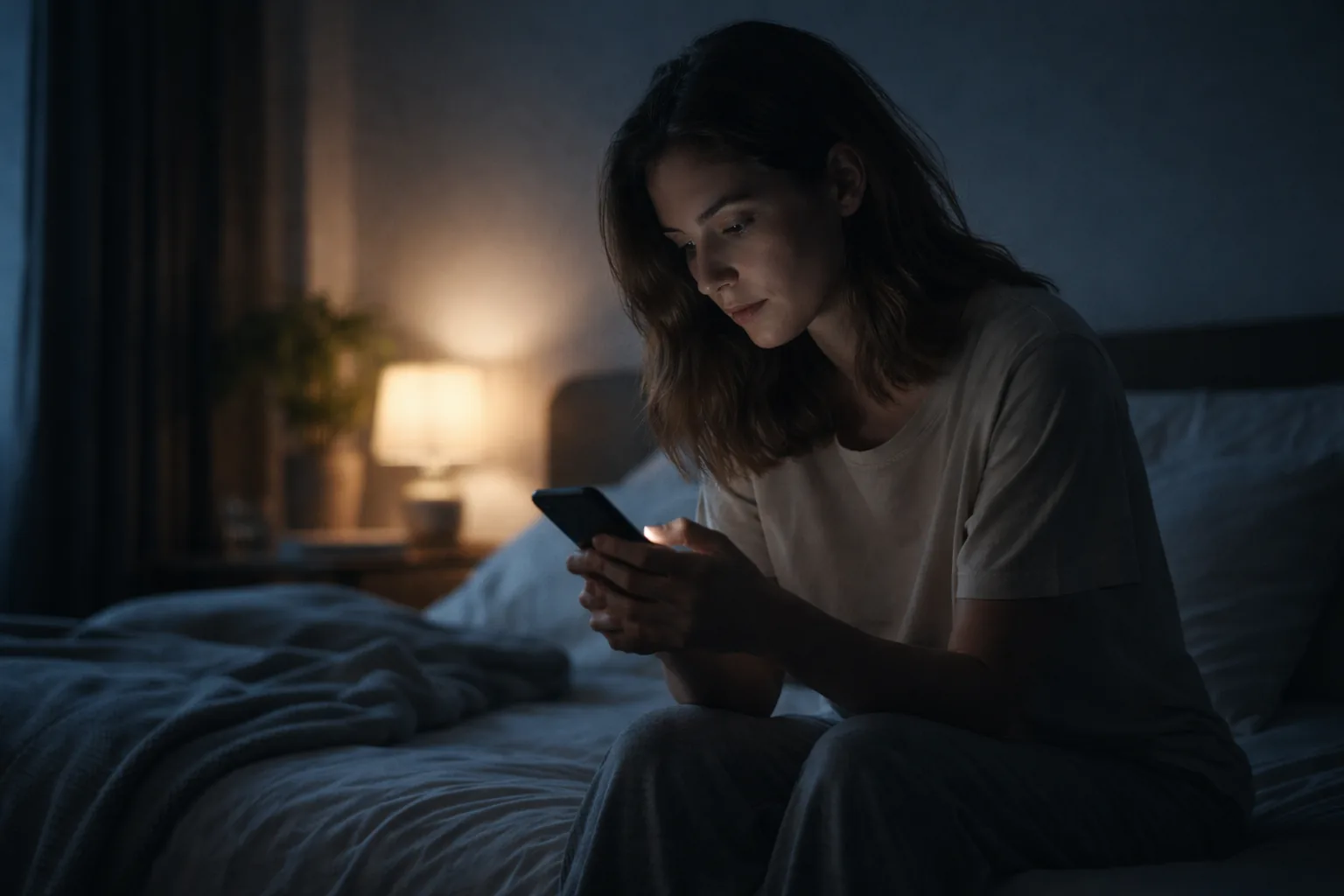 A tired person sitting on the edge of a bed at night, lit softly by a phone screen.