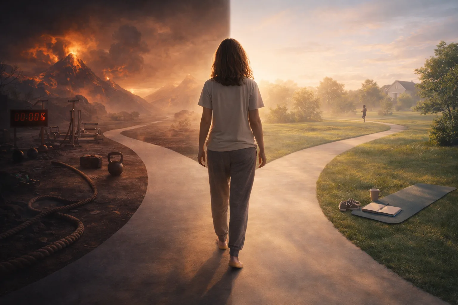 A split-path scene contrasting an extreme reset atmosphere with a calmer sustainable daily routine.