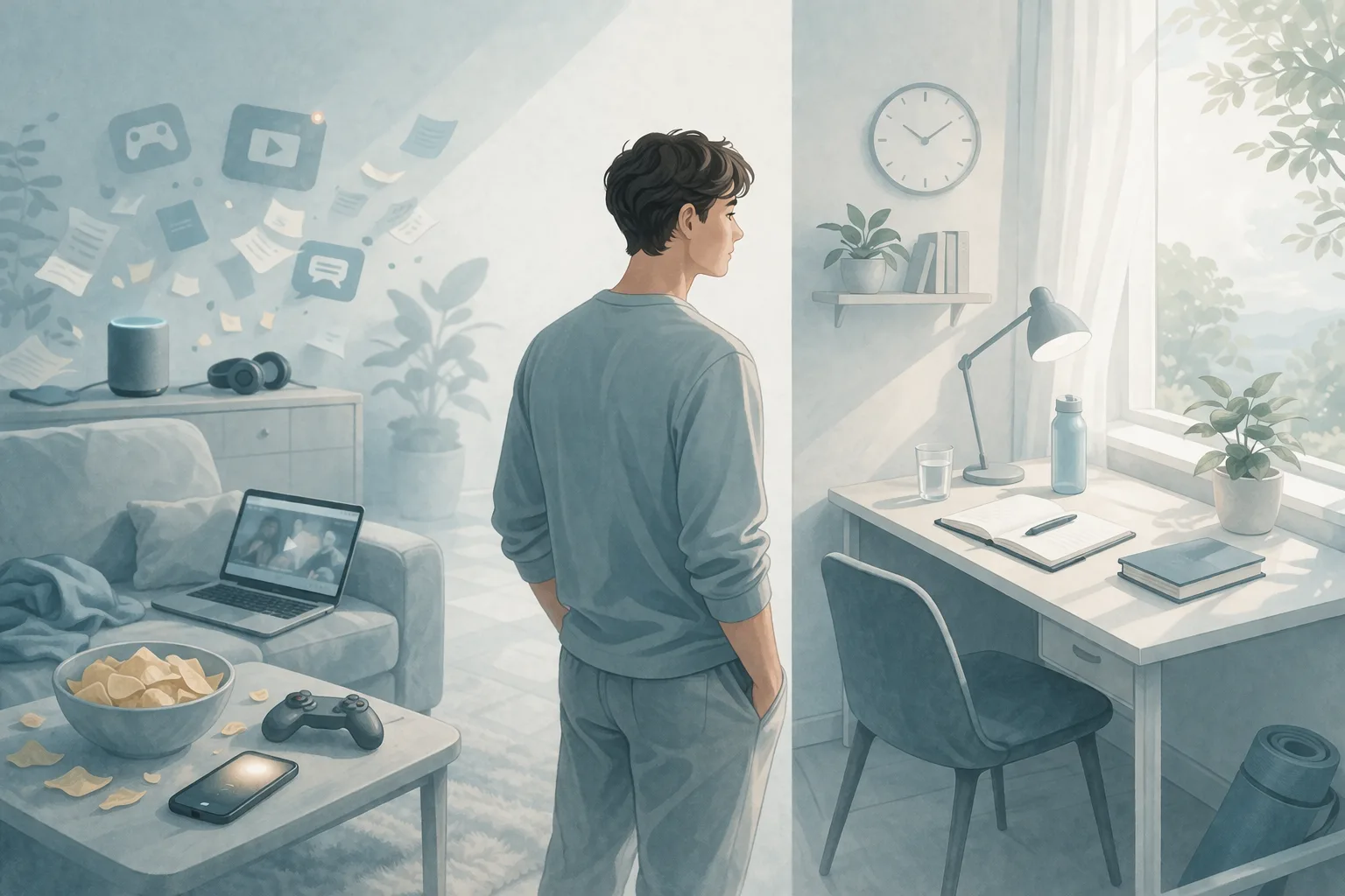 A person in an environment where subtle cues and placement quietly shape behavior toward distraction or steadiness.