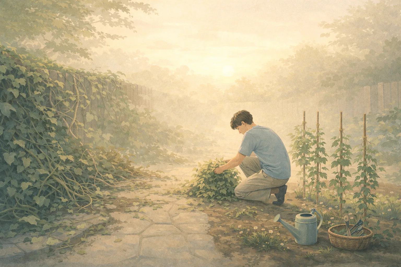 A person calmly clearing an overgrown garden corner and adding simple supports, symbolizing quitting bad habits by changing the environment.