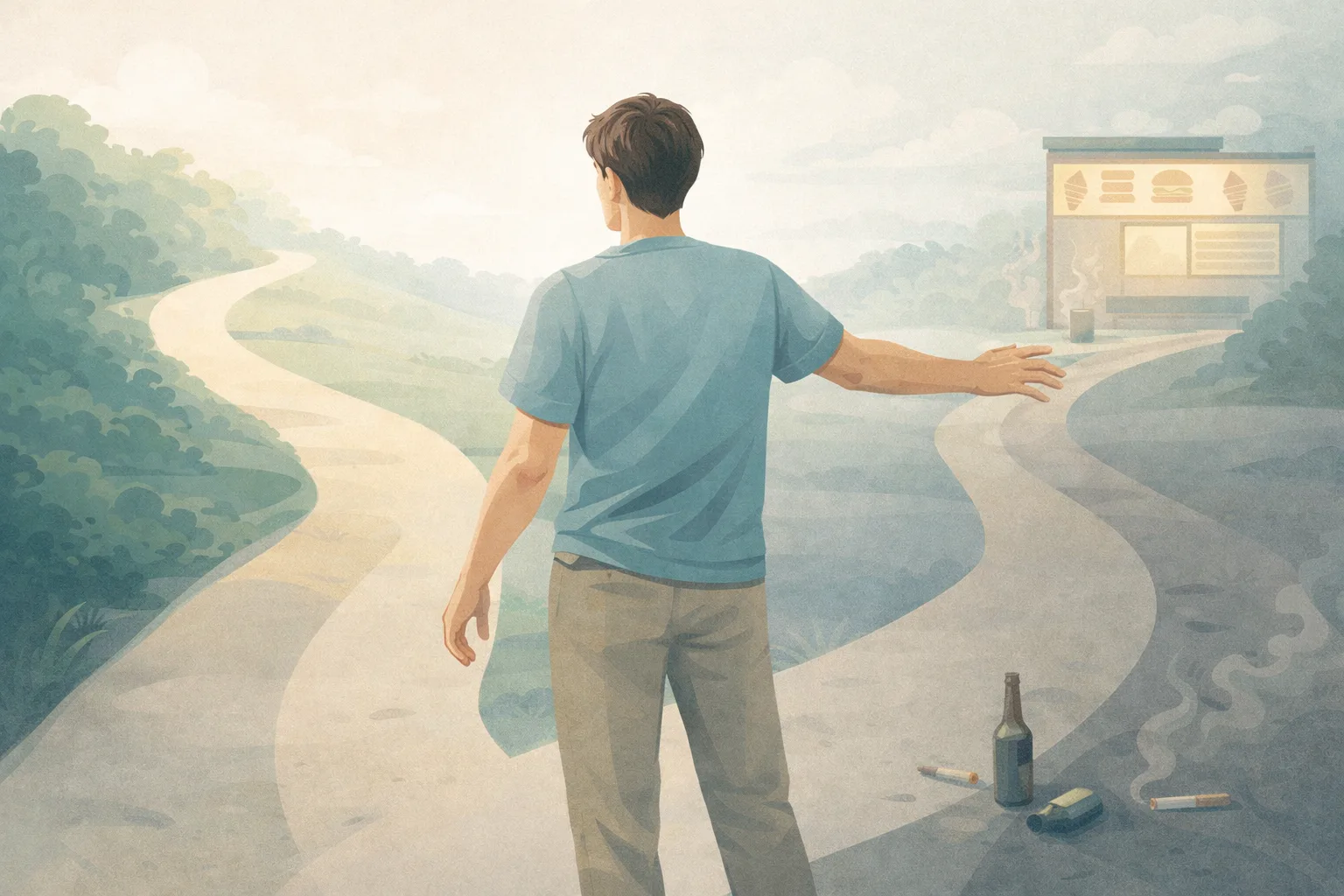 A person reaching toward a healthier path while being gently pulled toward an easier more immediate one.