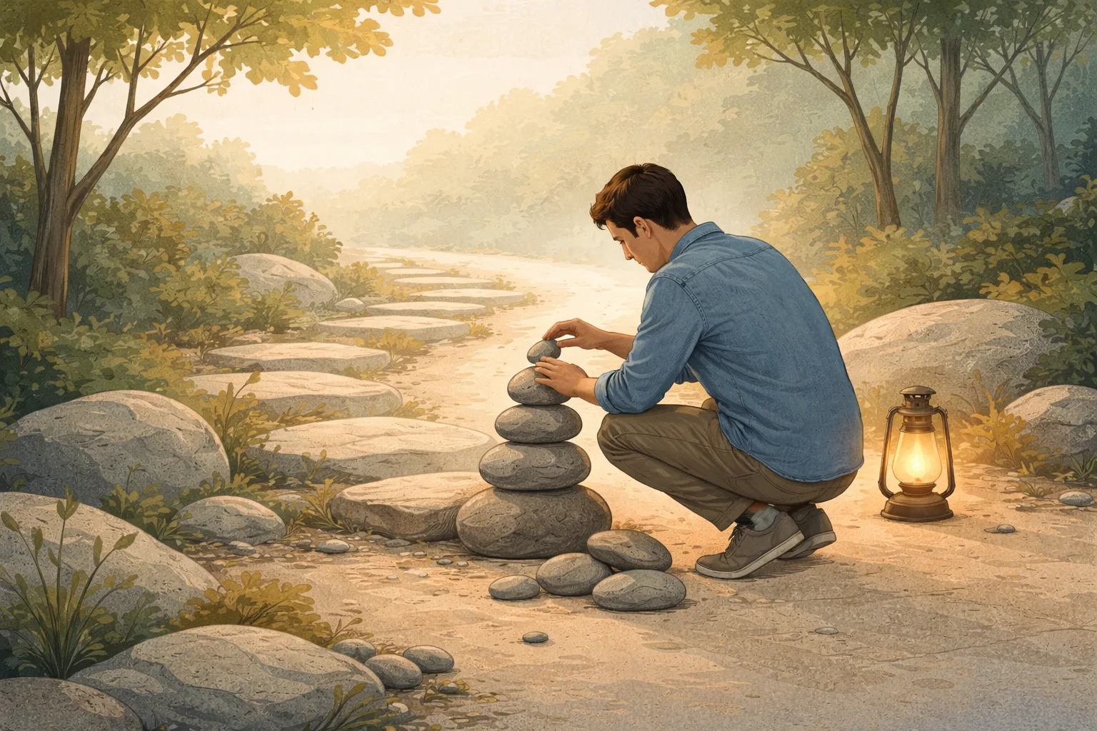 A person carefully rebuilding a path step by step, symbolizing self-trust being restored through small consistent actions.