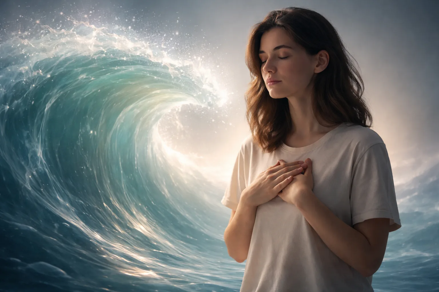 A calm person beside a translucent wave, symbolizing observing a craving without reacting.