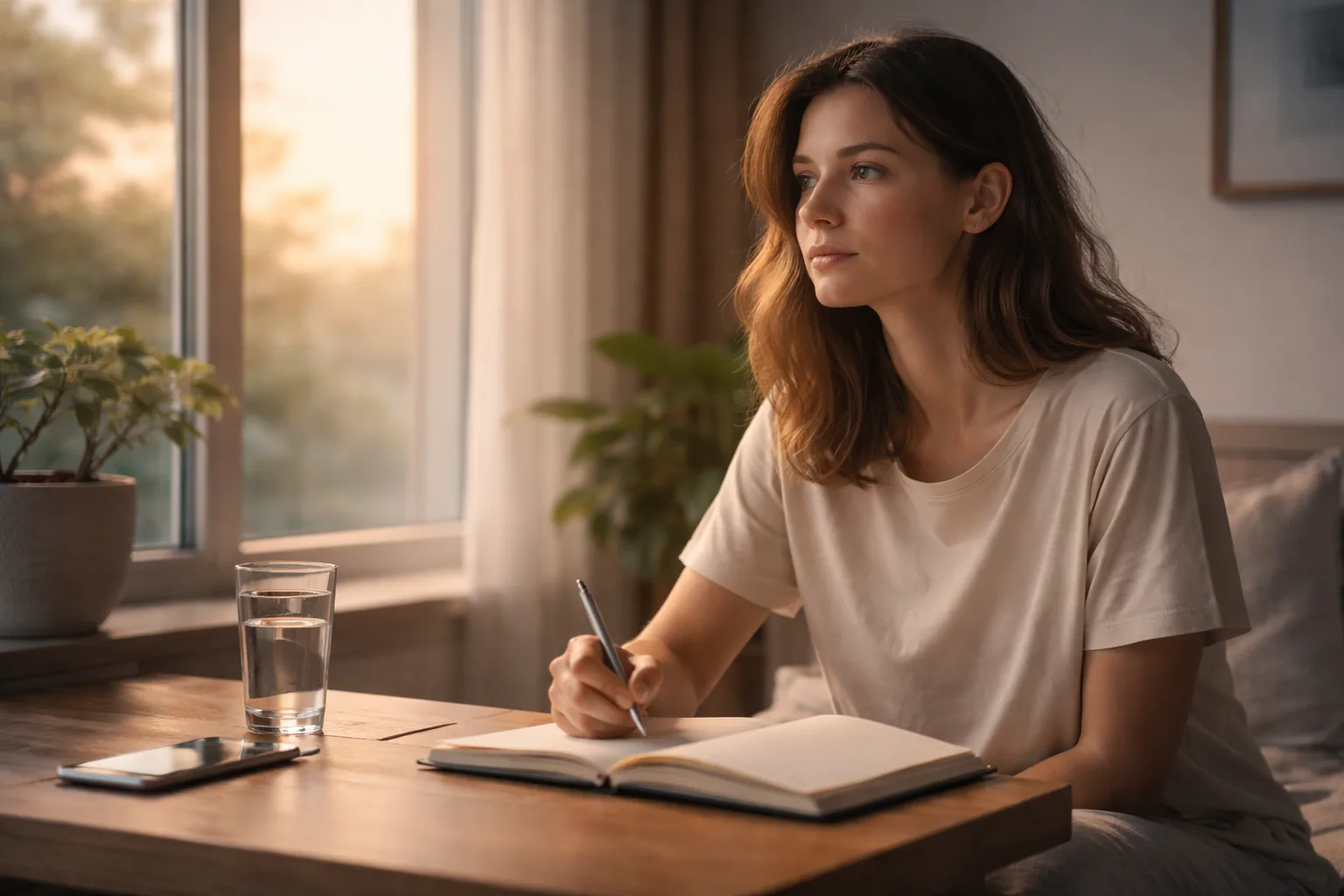 A person journaling quietly near a window at sunrise with a glass of water during a reset moment.